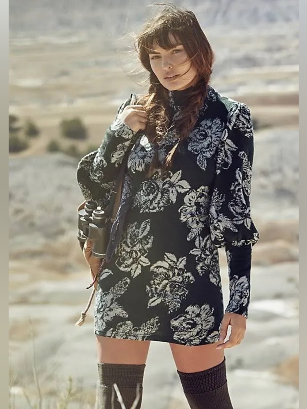 Free People Farrah Wool Blend Mini Sweater  Dress Green Floral XS NWT